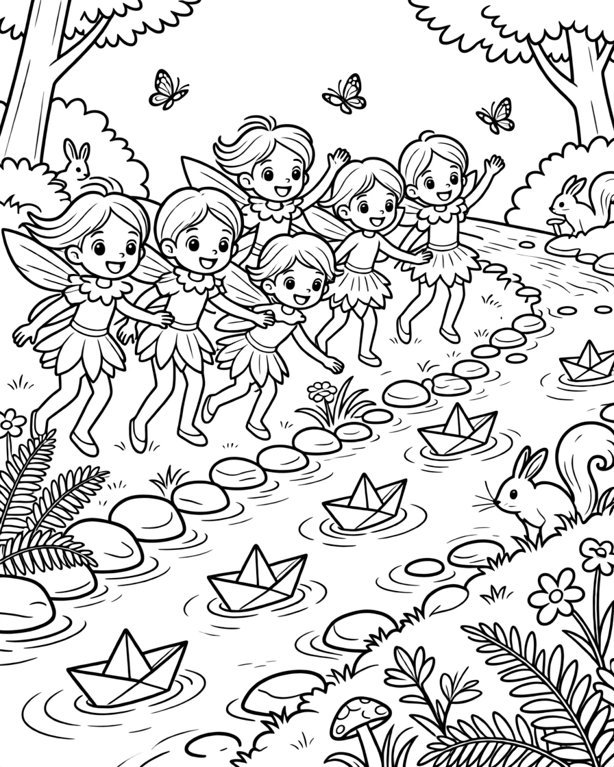 A group of pixies race paper boats down a forest stream, cheering as the tiny vessels bob over pebbles.