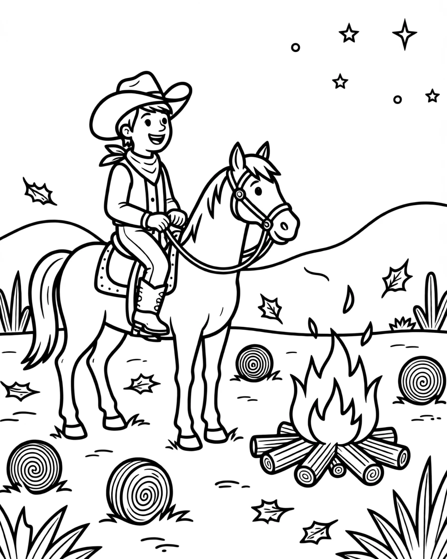 [Cowboys] A dynamic scene shows a cowboy resting by a campfire watching a sunset from horseback beside a campfire under the stars, grinning with excitement. Close by, tumbleweeds roll across the ground. A wide-brimmed hat shades the rider's face. The moment unfolds at high noon, with autumn leaves swirling in the wind, filled with energetic detail perfect for a young colorist.