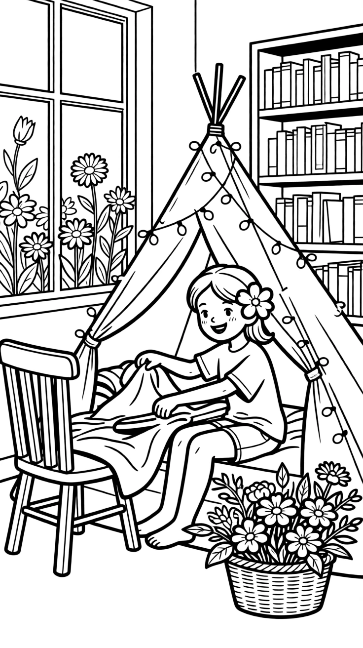 A girl surfer with a flower tucked behind her ear is building a blanket fort strung with fairy lights in a quiet library reading nook. All around, wildflowers swaying gently in the wind and a basket brimming with fresh flowers round out the happy picture.