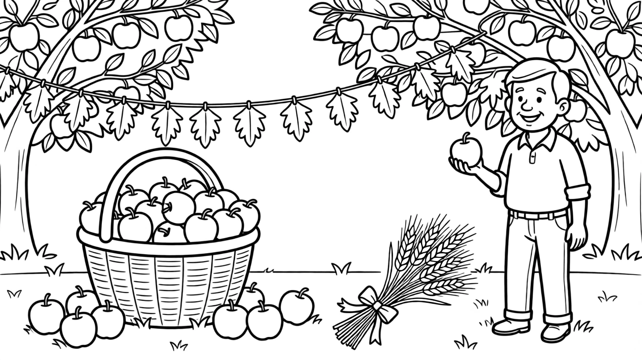 A basket overflowing with freshly picked apples in an orchard filled with ripe apples ready for picking, alongside a proud grandfather and a string of paper leaf garlands, with a bundle of golden wheat stalks close by.
