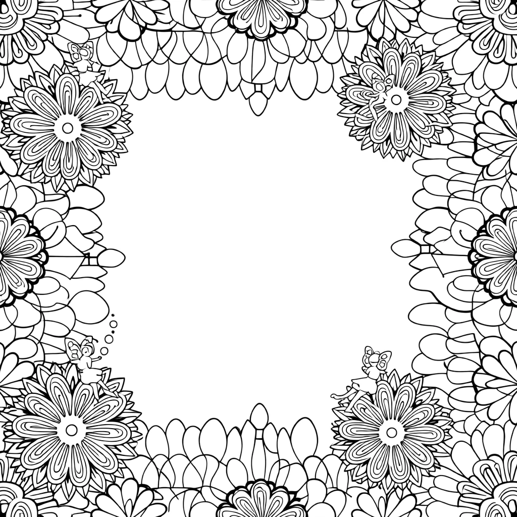 Mythical & Fantasy Creatures: The page centers on a repeating motif of a tiny fairy with delicate patterned wings, built around a blooming flower-shaped mandala with layered petal rings. The motif is arranged evenly around the four edges of the page, forming a continuous decorative frame around a clear center space. Decorative details fill the surrounding space, including rows of teardrop-shaped petals, angular crystal facets, and layered flower rosettes woven throughout the background. A playful extra touch completes the page: a cluster of small bubbles rising near one side of the page.