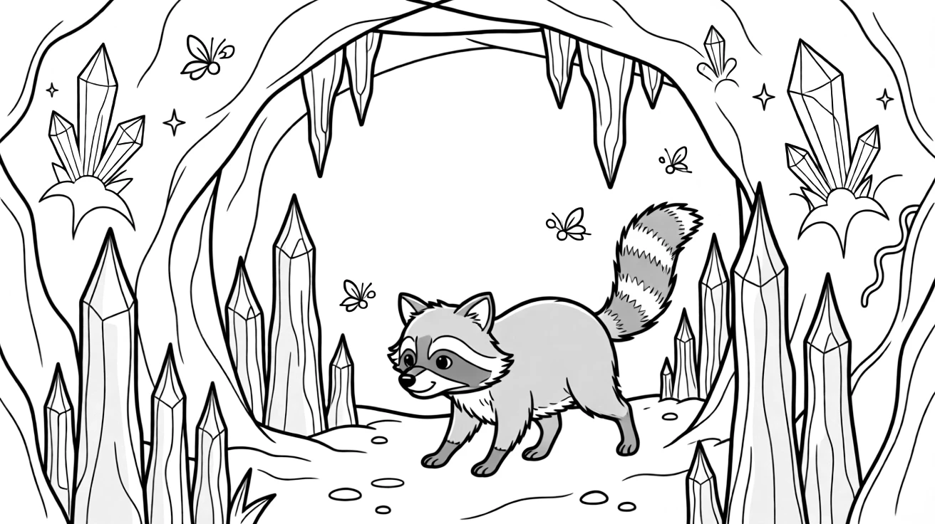[Mystical Caves] A curious raccoon wanders past towering stalagmites deep inside a hidden cave. Fireflies drift near the cave entrance, their light mixing with glowing crystals inside. Glowing crystals embedded in the cave walls light the path like tiny stars. Soft blue light glows from the crystals, filling the cavern with a magical shimmer.