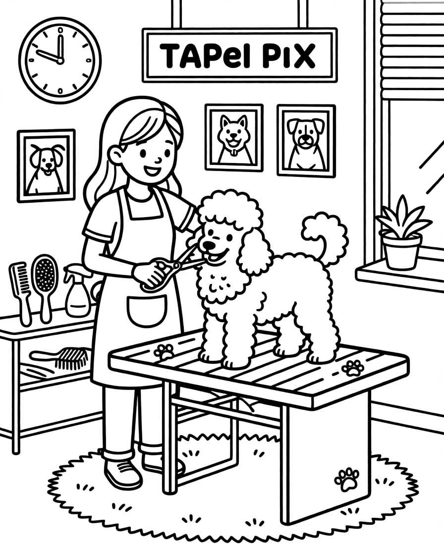 A dog groomer trims a fluffy poodle's fur at a pet grooming salon.