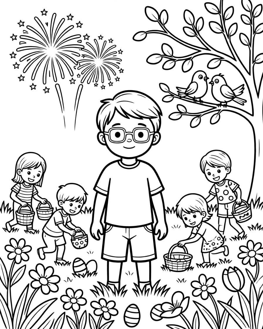 A boy with glasses watching fireworks light up the sky during a spring egg hunt with cousins as birds chirp in a nearby tree.
