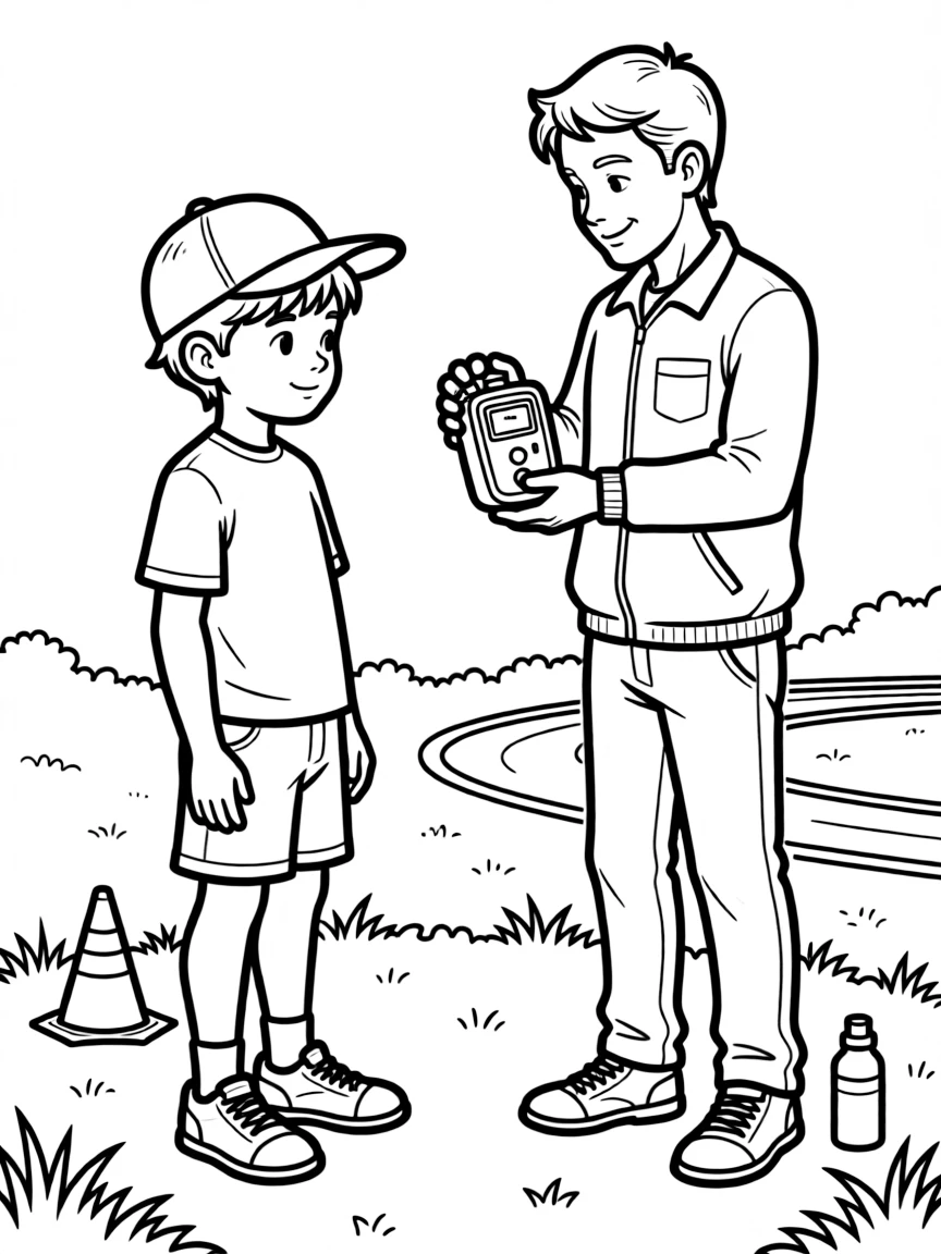 A confident boy wearing a bright cap, checking a stopwatch held by a coach after a fast practice sprint.