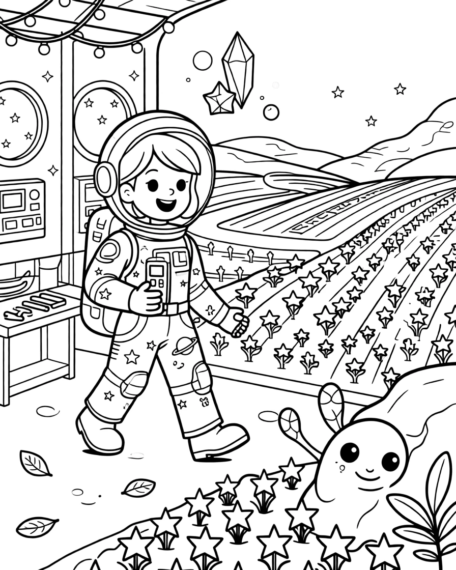 Cadet Ruby, a young space explorer in a starry spacesuit leading a scavenger hunt through an abandoned but friendly space station near a peaceful farming colony with fields of star-shaped crops, surrounded by a curious alien creature peeking out from behind a rock and a cluster of floating crystals humming softly.