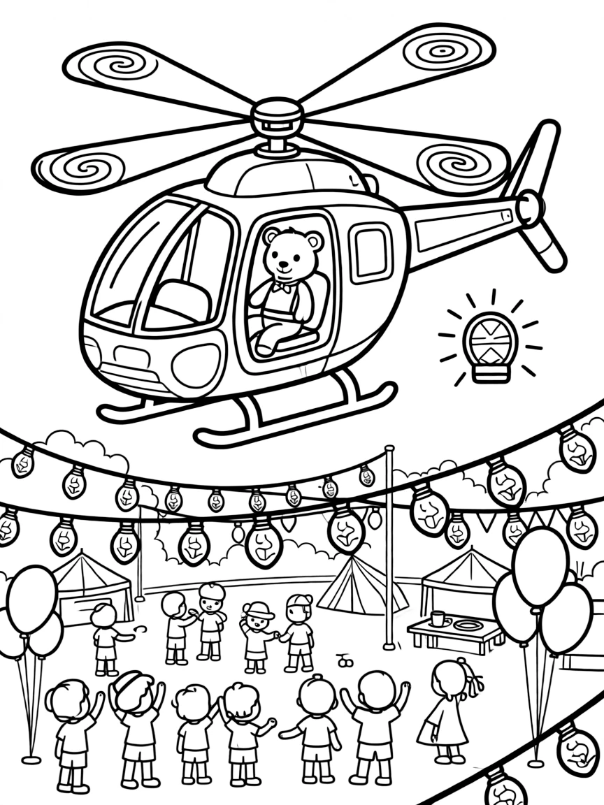 This coloring page shows a rescue helicopter with spinning rotor blades making its way across a festival ground lit up with strings of colorful lights, accompanied by a teddy bear buckled safely into the passenger seat, while a signal light blinking cheerfully adds extra charm to the scene.