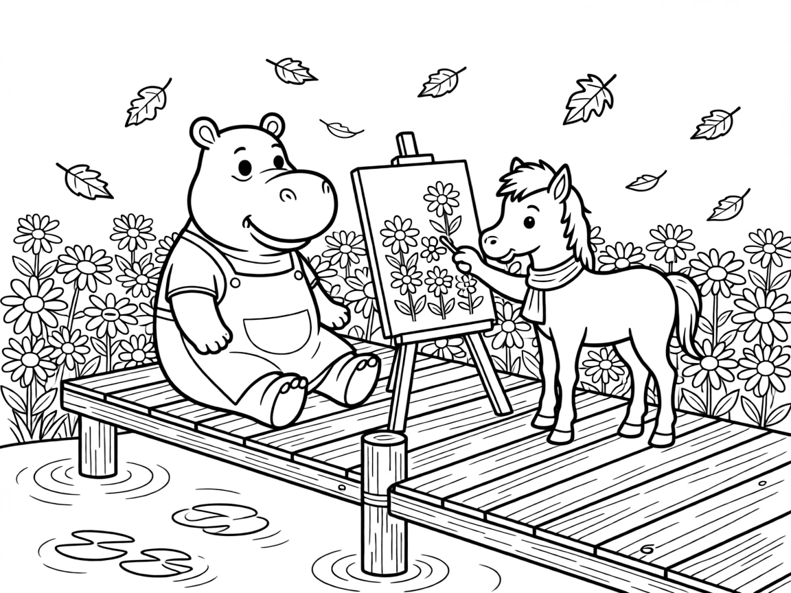 A hippo on a wooden dock over a pond, painting flowers with a foal, next to a bed of daisies, as autumn leaves swirl in the wind.