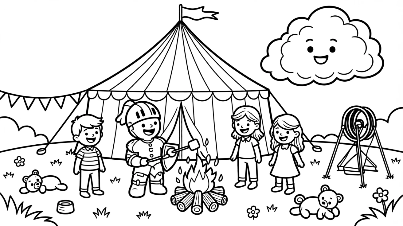 At a county fair with games and a big striped tent, a mischievous gingerbread knight discovers the joy of roasting marshmallows over a crackling campfire, while a cloud shaped like a giant marshmallow watches happily nearby. The whole crew is grinning from ear to ear.