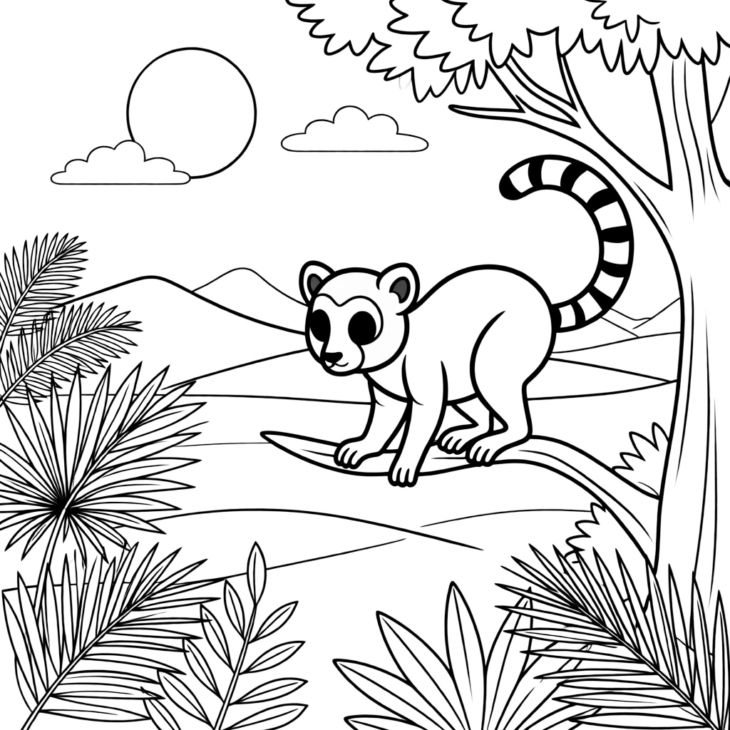 A coloring page of a gentle nature scene in Madagascar featuring a ring-tailed lemur leaping between tree branches, surrounded by plants, rolling hills, and a bright sky.
