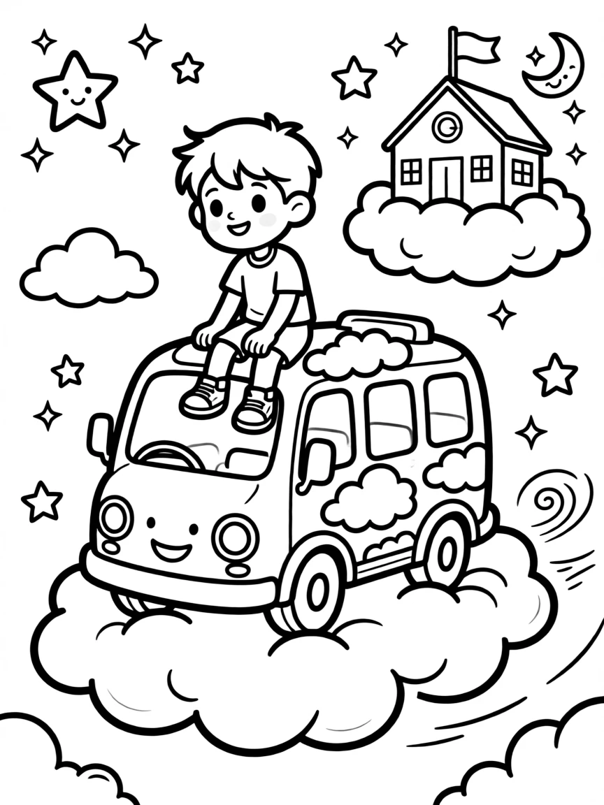 a wide-eyed little boy rides a friendly cloud-shaped bus to a school floating among the stars.