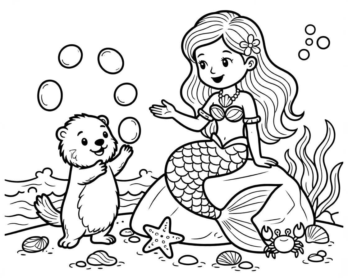 A mermaid teaches a young sea otter how to juggle smooth pebbles using her tail for balance.