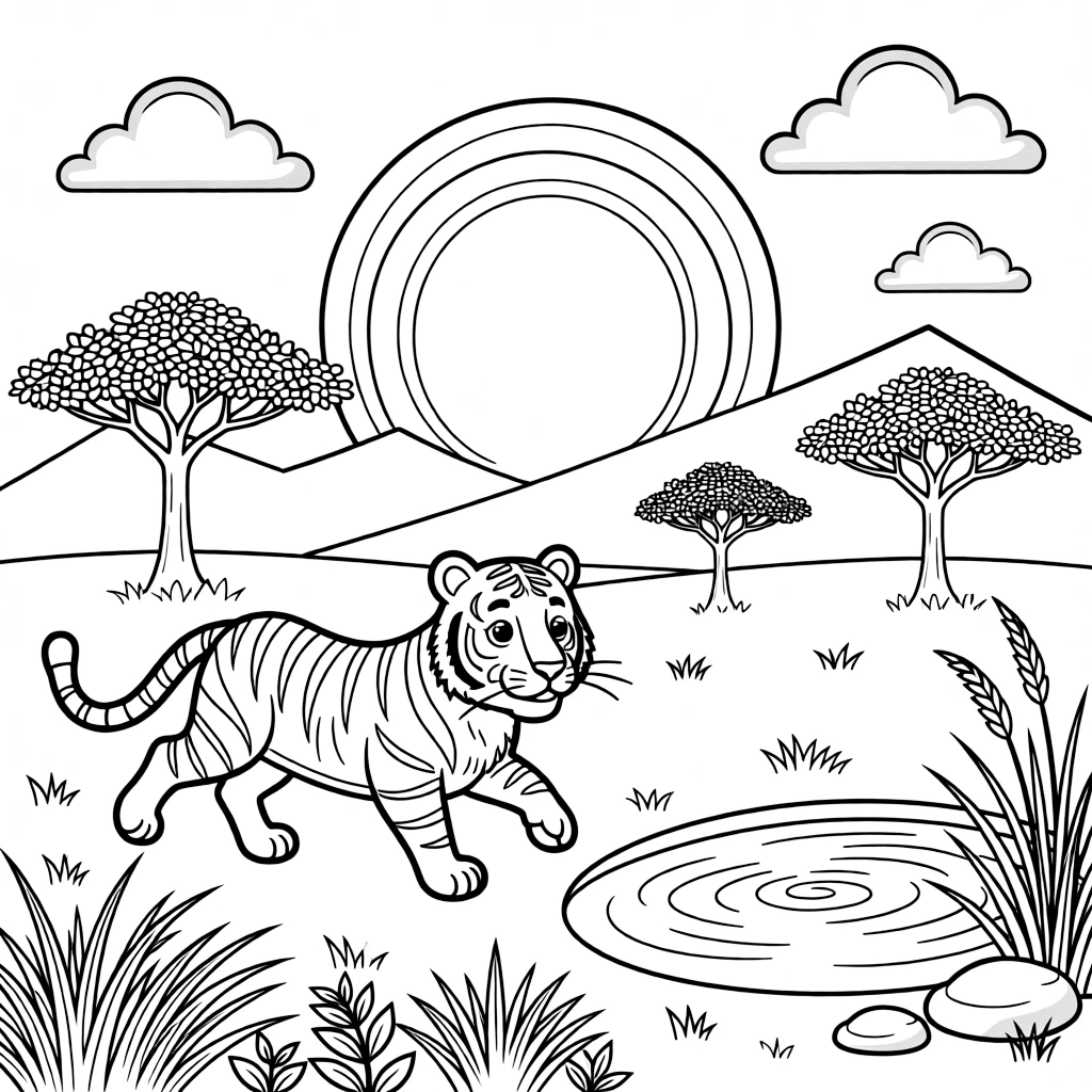 [Wild Animals] a striped tiger running across an open savanna near a watering hole at dusk. In the background, distant mountains rise on the horizon, adding extra fun to explore. Acacia trees dot the wide open landscape. It all happens under a full moon, with fluffy clouds drifting overhead.