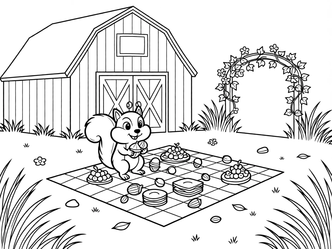 A chipmunk with cheeks full of acorns is setting out a picnic blanket dotted with treats on a farm beside a big red barn. In the background, a gentle breeze rippling through tall grass and a garden gate covered in climbing ivy add a playful, cheerful touch.