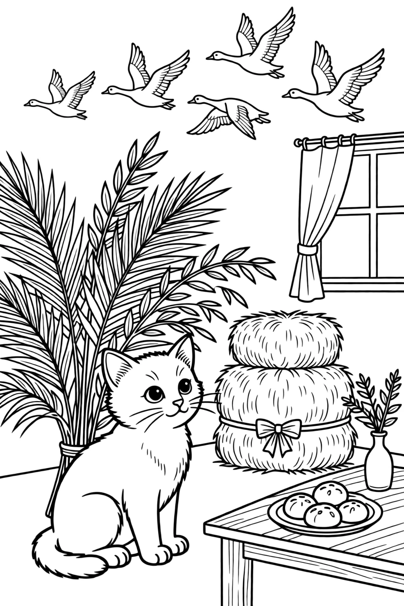 A curious kitten sitting beside a bundle of palm and willow branches in a cozy kitchen with the smell of fresh-baked treats, with a hay bale decorated with a bow and a flock of geese flying south scattered about.