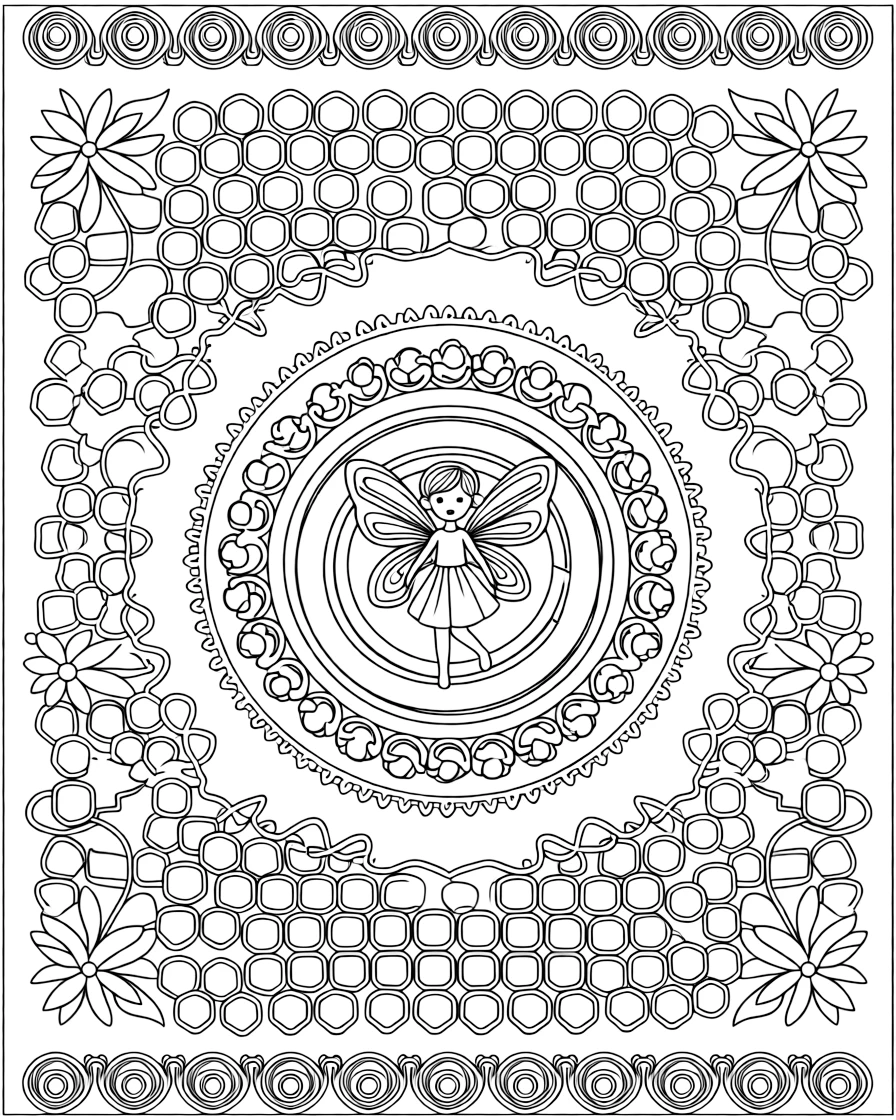 Mythical & Fantasy Creatures: The page presents a small themed scene built around a tiny fairy with delicate patterned wings, tied together by a spiral mandala that winds gently from center to edge. The scene is set within a framed scene where every element on one side is echoed by a twin on the opposite side. Decorative details fill the surrounding space, including a field of tiny honeycomb cells, delicate lace-edged fringes, and loops shaped like small bows woven throughout the background. A playful extra touch completes the page: a small key shape tucked discreetly among the pattern details.