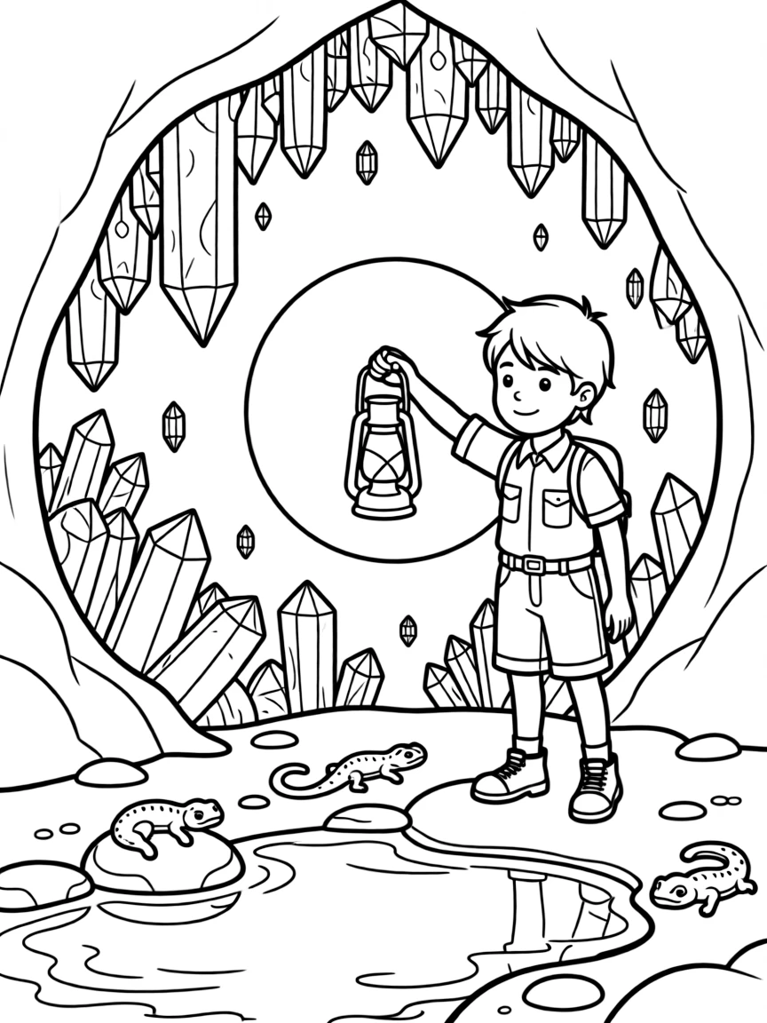 [Mystical Caves] A young explorer holds up a lantern, illuminating a cave wall covered in sparkling crystals. Salamanders rest on damp stones near a pool reflecting the glow of crystal light. Smooth cave walls are dotted with clusters of amethyst and quartz crystals. Cool, still air fills the cave as lantern light flickers across the crystal walls.
