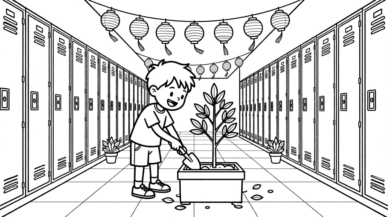 A talkative boy planting a tree for Earth Day at a school hallway lined with lockers with paper lanterns swaying gently.