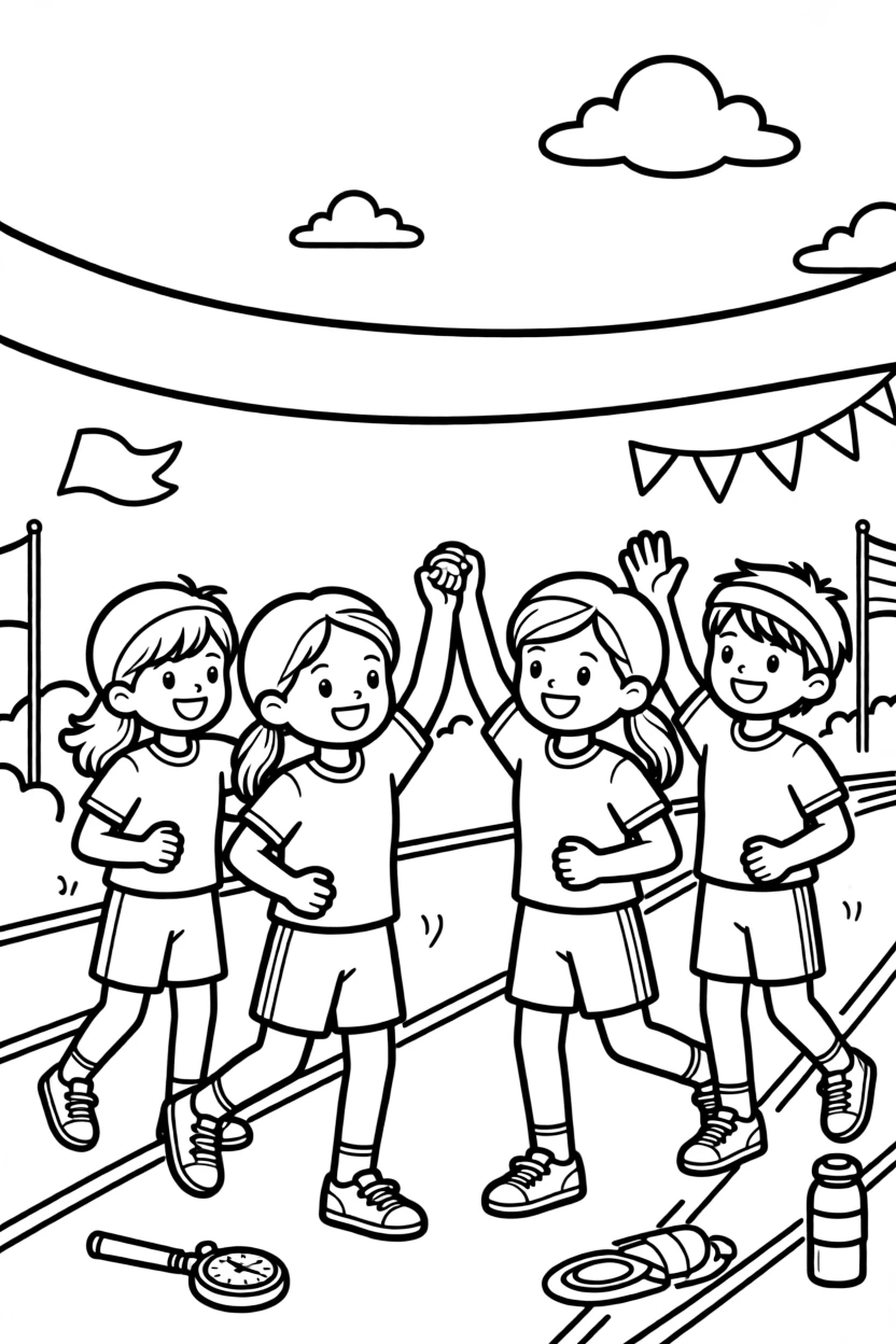A group of classmates, high-fiving teammates after a winning relay race at a school track meet.
