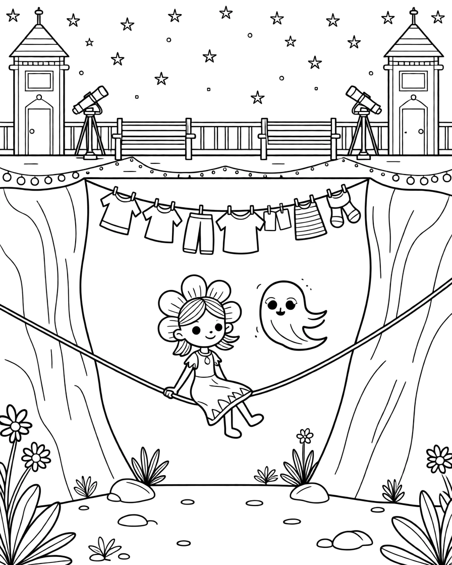 Marlo, a gentle alien princess with flower-petal ears riding a zipline between two cliffs on a canyon planet in a starlit rooftop deck used for stargazing parties, as a friendly ghost-like hologram guide floating alongside and a line of laundry fluttering between two towers fill the scene.