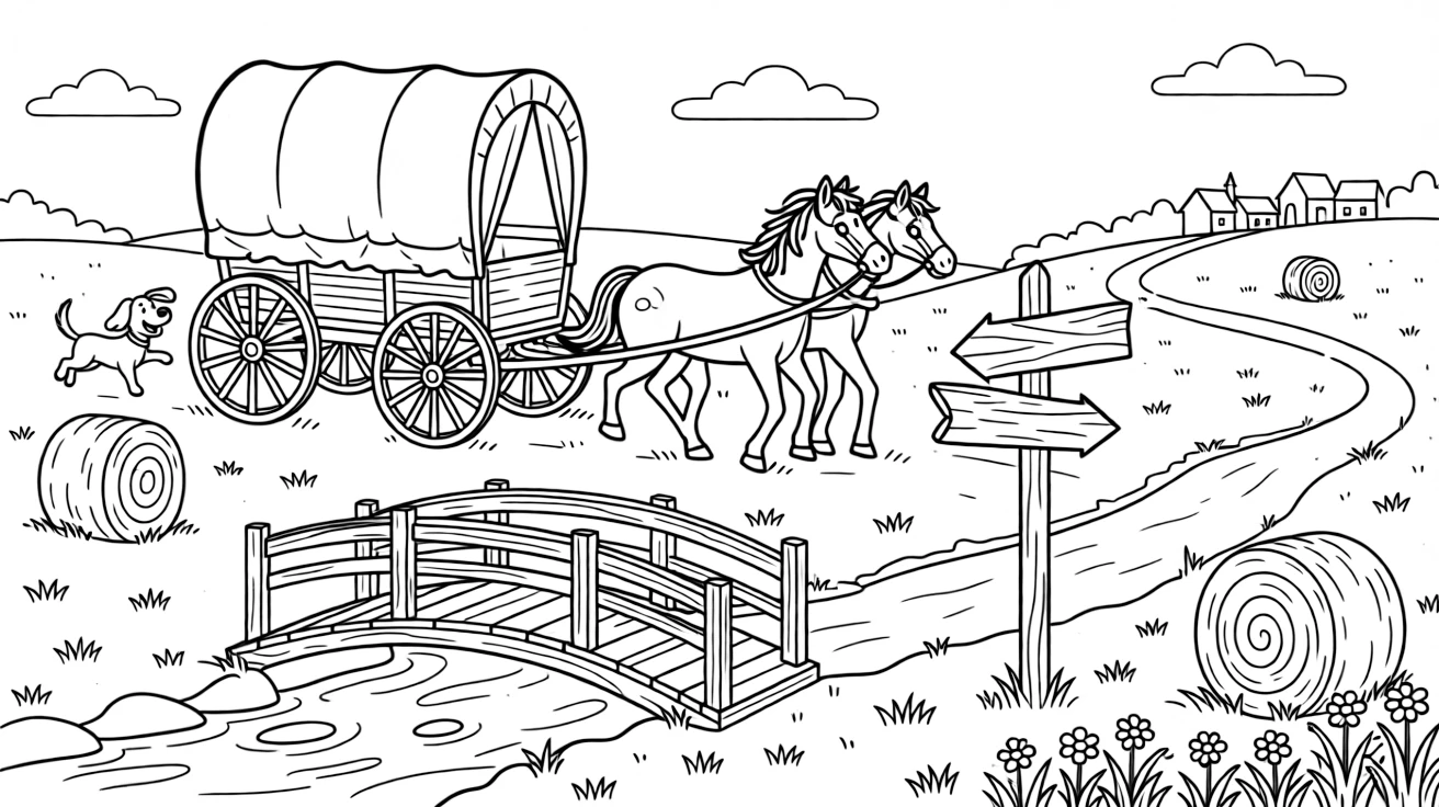 This page centers on a covered wagon with wooden wheels crossing the prairie exploring a rustic covered bridge crossing a babbling creek, featuring a friendly dog with its ears flapping in the wind and little extras like hay bales dotted across the nearby field and an old wooden signpost pointing to faraway towns.