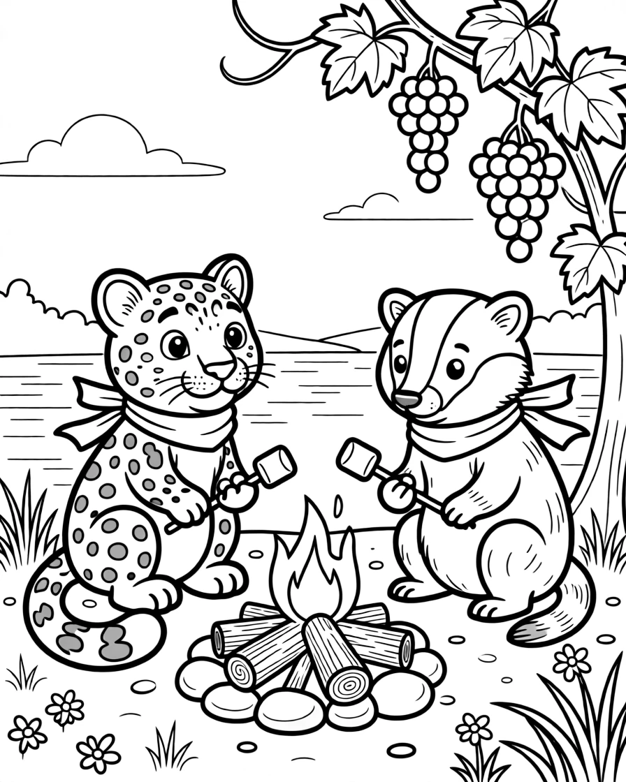 A snow leopard cub on a riverbank at dawn, roasting marshmallows by a campfire with a badger, next to a vine of grapes.