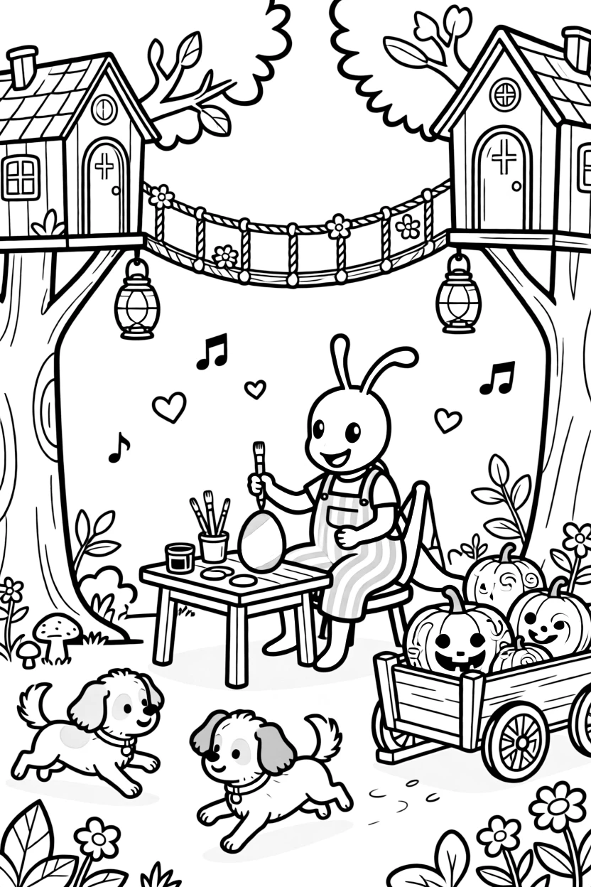 A chubby grasshopper high jumper is painting eggs in every color of the rainbow inside a treehouse village connected by rope bridges, joined by three bouncing puppies chasing their tails and a wagon overflowing with glowing pumpkins. Little cheers of excitement fill the air.