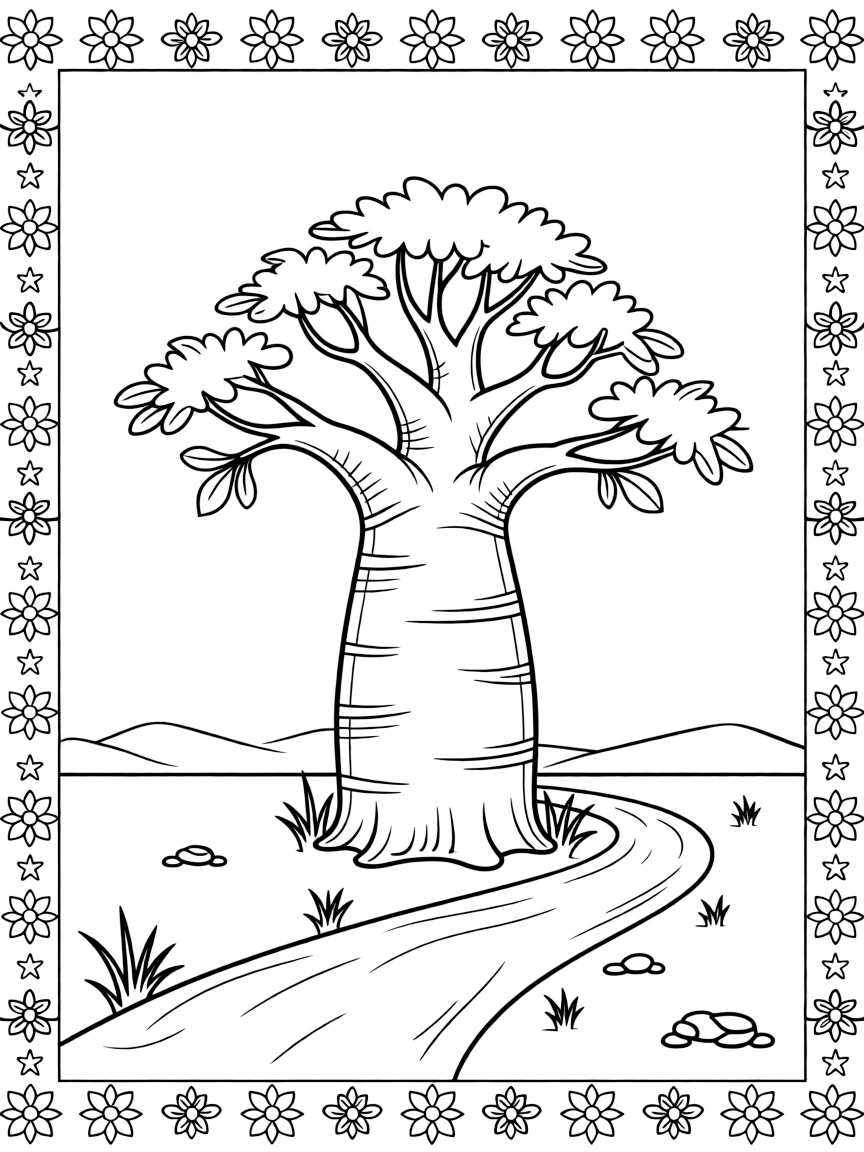A coloring page featuring a giant baobab tree towering over a dusty road from Madagascar, framed by a simple border of flowers, stars, or geometric patterns from the region.
