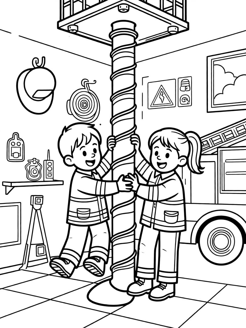 a bold pair of best friends slides down a shiny pole at a fire station before a training drill.