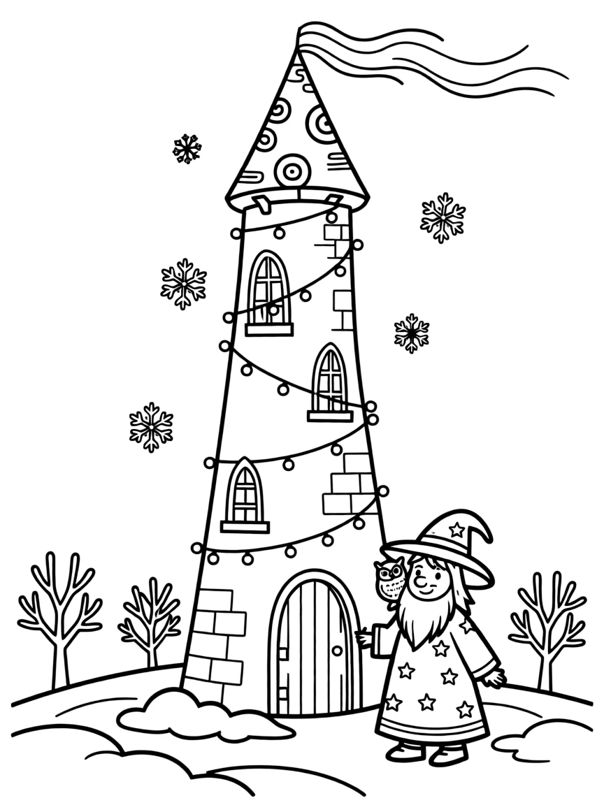 A wizard's tower is wrapped in twinkling fairy lights for the winter solstice, snow gently falling around its peak.
