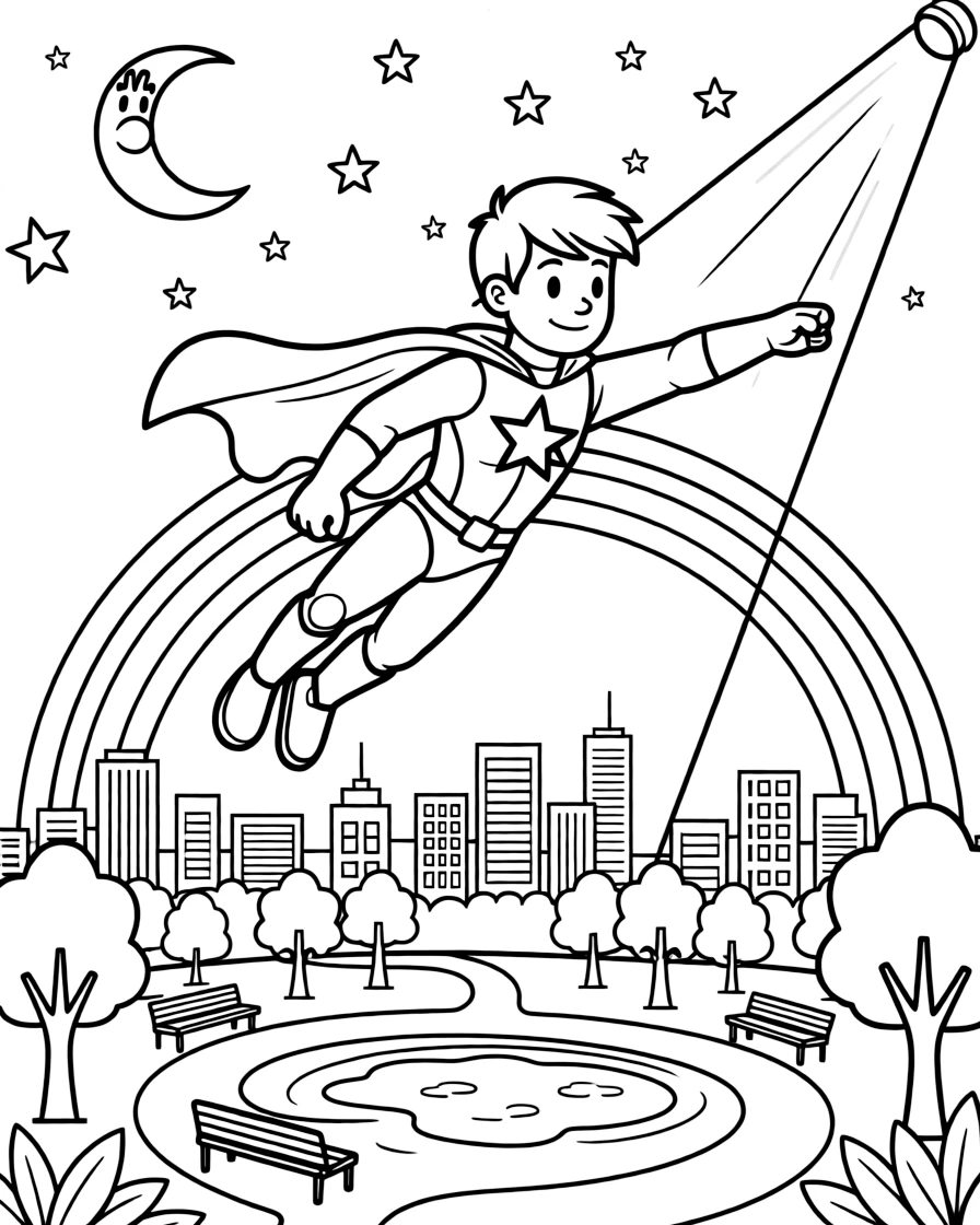 [Superheroes] a superhero with a starburst emblem flying above a city skyline near a city park. In the background, a searchlight beam sweeps across the sky, adding extra fun to explore. Sturdy boots complete the heroic costume. It all happens under a starry night sky, with a rainbow arching overhead.
