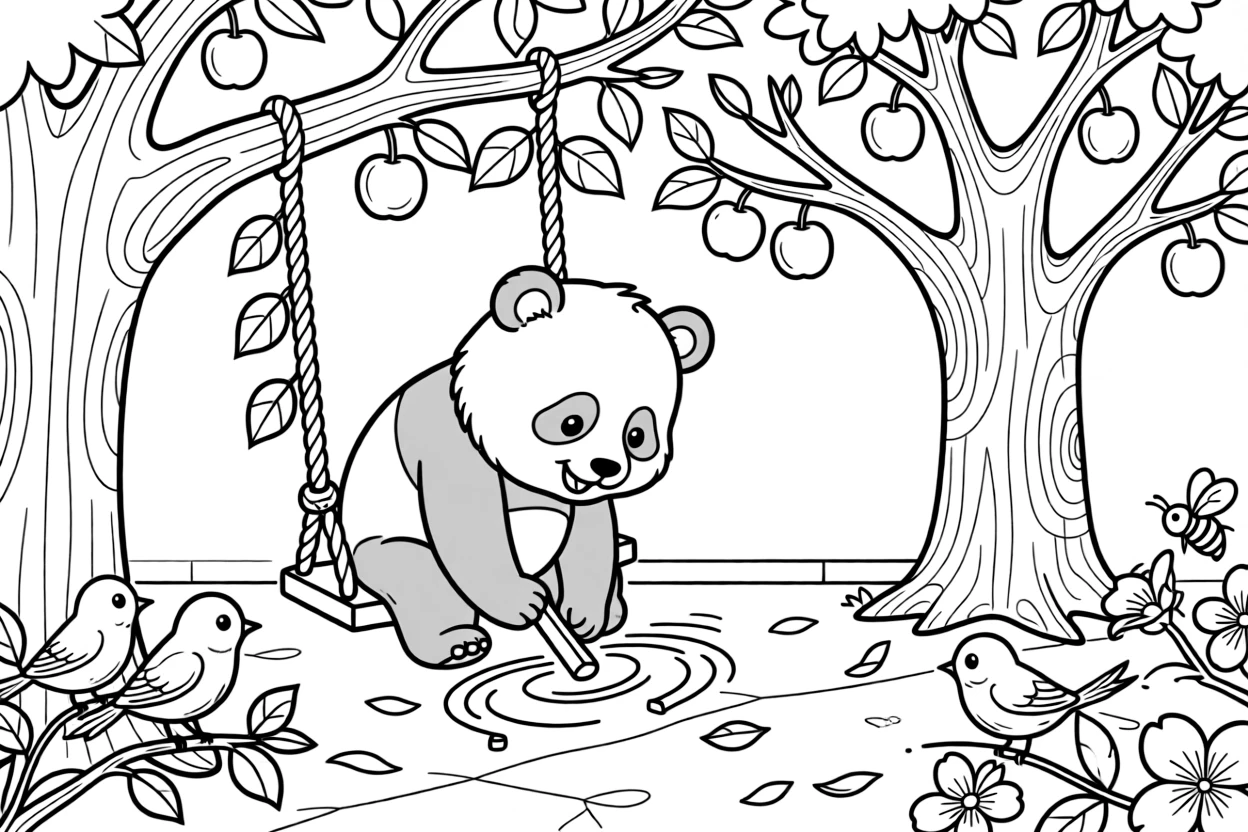 A chubby panda cub is drawing with colorful chalk on the sidewalk in an orchard swing hanging from an old apple tree. friendly songbirds perched close by and a curious bumblebee buzzing among the blooms add a sprinkle of wonder to the moment.