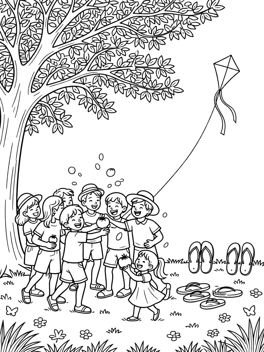 Friends laughing during a joyful tomato fight at a lively outdoor picnic under a shady tree, alongside a joyful little girl and a kite soaring high overhead, with a row of colorful flip-flops close by.