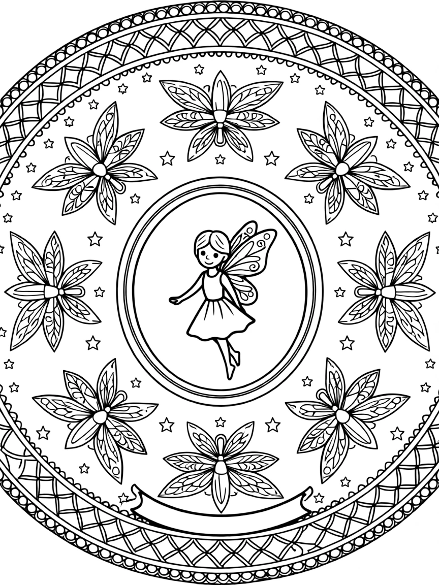 Mythical & Fantasy Creatures: The design turns a tiny fairy with delicate patterned wings into a kaleidoscope-style composition anchored by an oval medallion mandala framed by a double border. The imagery is arranged in a spinning ring of repeated segments, each one a slightly rotated twin of its neighbor. Decorative details fill the surrounding space, including overlapping fish-scale textures, interlocking circle chains, and clusters of small five-point stars woven throughout the background. A playful extra touch completes the page: a little blank banner tucked into the design, ready for a name to be added.
