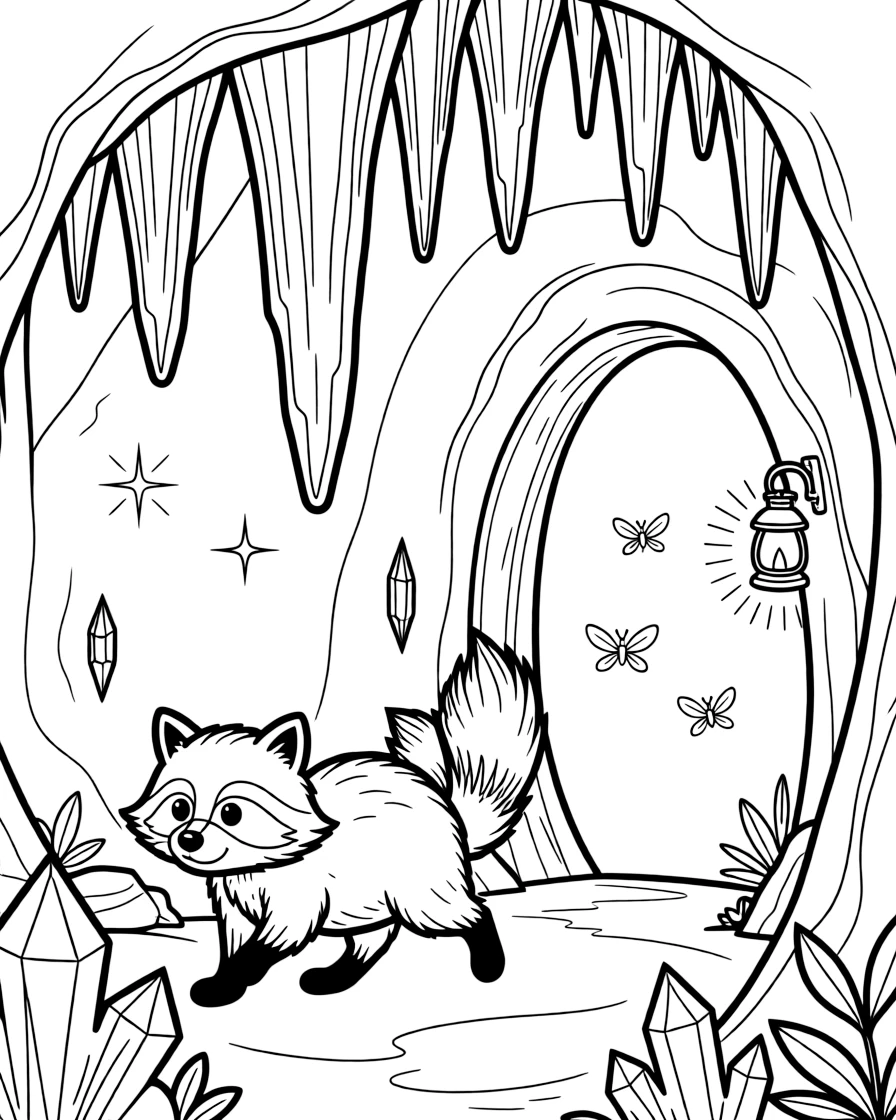 [Mystical Caves] A curious raccoon wanders past towering stalagmites deep inside a hidden cave. Fireflies drift near the cave entrance, their light mixing with glowing crystals inside. Towering stalactites and stalagmites form natural archways throughout the glittering cavern. Cool, still air fills the cave as lantern light flickers across the crystal walls.