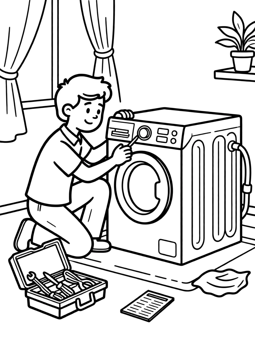 A appliance repair technician fixes a washing machine with a toolbox nearby.