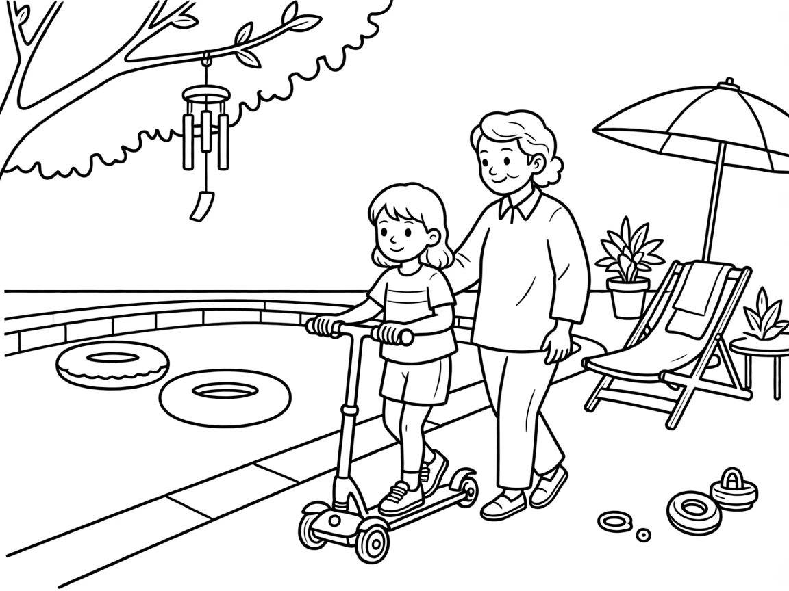 A little girl riding a scooter together with an elderly neighbor at the community pool as a wind chime tinkles softly.
