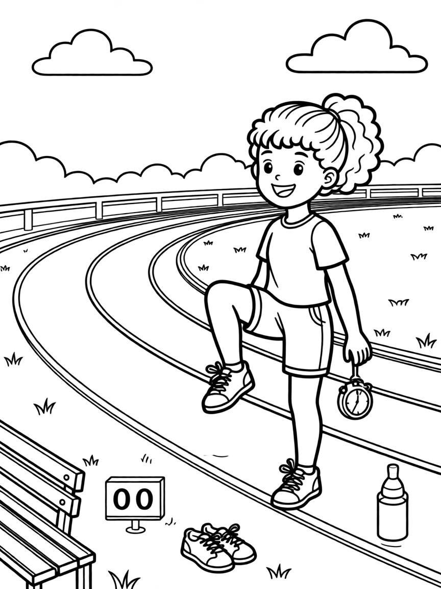 A little girl with curly hair, warming up with high knees and stretches beside a red running track.