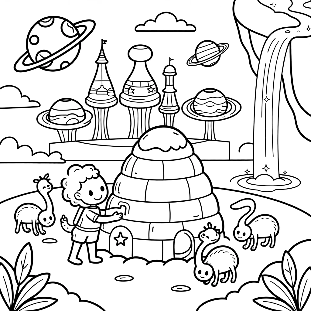 Bounce, a curious alien creature with a curly tail building a snow fort out of frozen comet ice, in a floating amusement park with rides shaped like planets, with a waterfall of sparkling light cascading down a cliff and a herd of gentle six-legged alien creatures grazing nearby nearby.