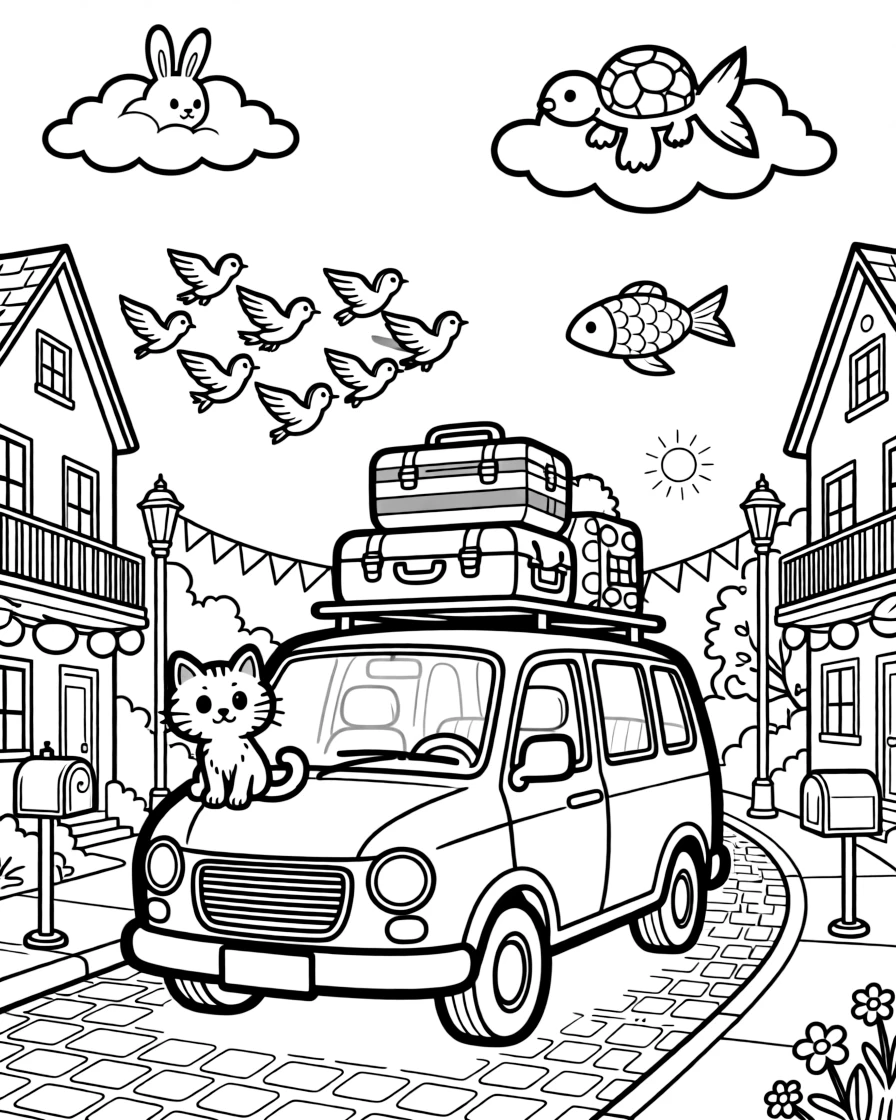A coloring page featuring a family minivan packed with luggage on a roof rack, traveling through a neighborhood street decorated for a holiday parade, with a curious cat perched on the hood and a flock of birds flying alongside in formation and fluffy clouds shaped like animals drifting overhead filling the scene.