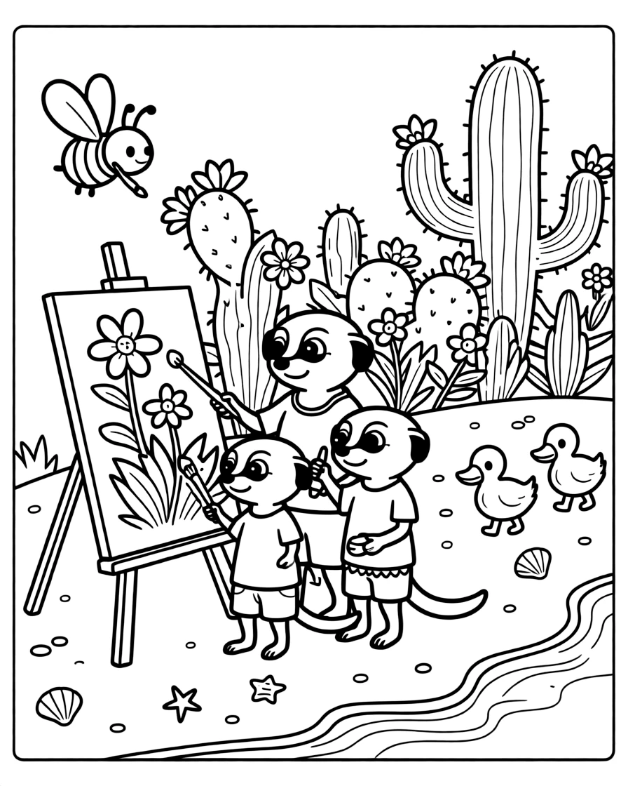 A meerkat family on a tropical beach at sunset, painting flowers with a bumblebee, next to a cactus garden, with a family of ducklings following behind.
