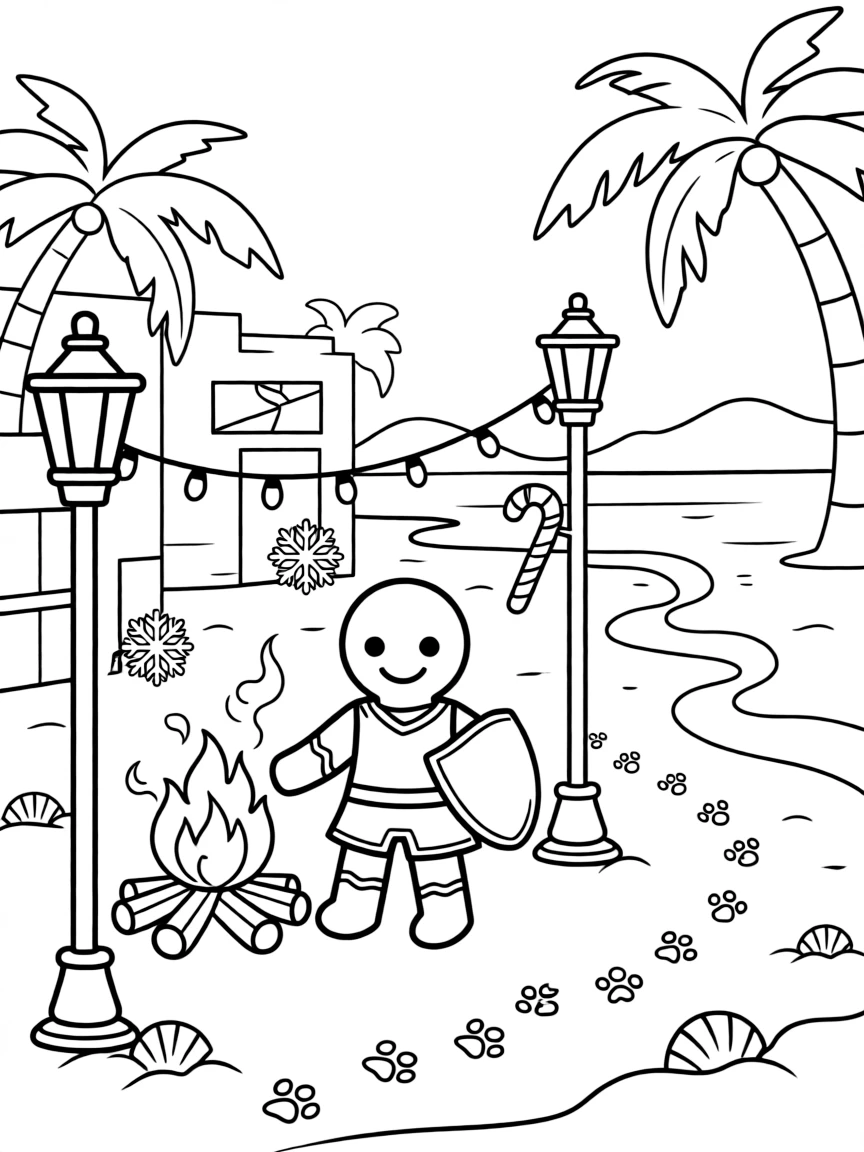 Adventurous and full of excitement, a gingerbread knight spends the day decorating the town square for a winter celebration at a beach bonfire roasting marshmallows. Nearby, a trail of paw prints leading into the distance adds to the fun. It's a perfectly wonderful, magical moment.