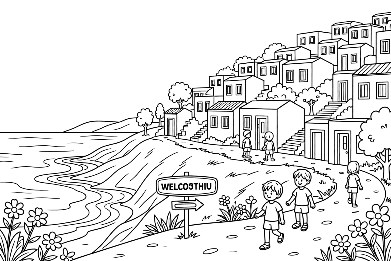 A coloring page inviting kids to explore Tunisia through a blue-and-white hillside town overlooking the sea, with small trees, flowers, and a signpost welcoming visitors nearby.
