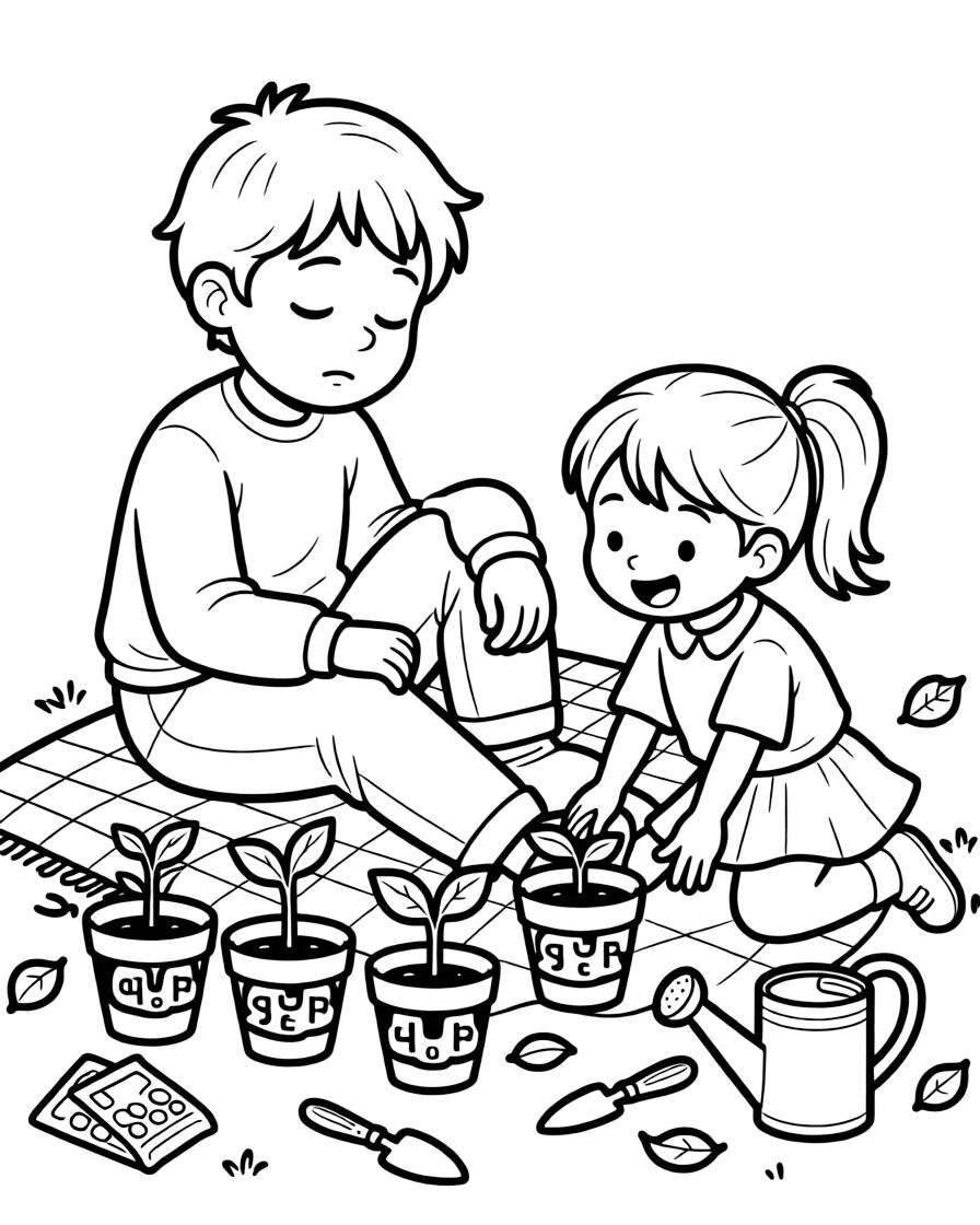a sleepy older brother and his little sister plants spring seedlings in small pots labeled with hand-drawn letters.