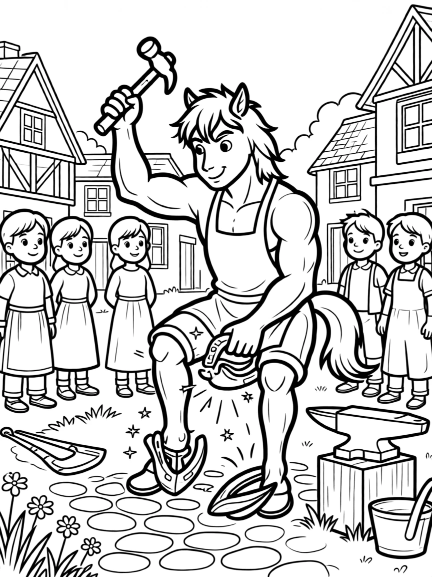 A centaur blacksmith shoes his own hooves with silver, sparks flying as villagers watch in fascinated silence.