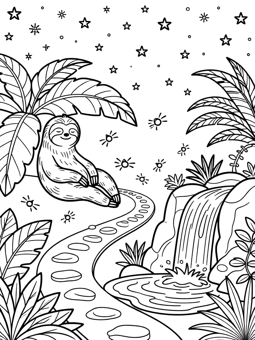 [Jungles] A dynamic scene shows a sleepy jungle sloth resting in the shade of broad leaves along a hidden jungle path, smiling proudly. Close by, a waterfall crashes into a pool below. Broad leaves add lush texture throughout. The moment unfolds under a starry night sky, with fireflies beginning to glow, filled with energetic detail perfect for a young colorist.