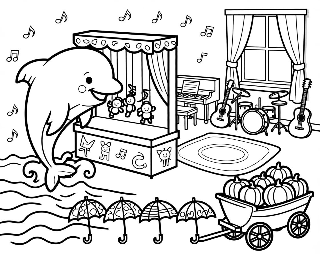 A friendly dolphin leaping over the waves is putting on a puppet show behind a cardboard stage inside a music room lined with instruments. Scattered nearby, a row of colorful umbrellas and a wagon piled high with pumpkins fill the page with charm.