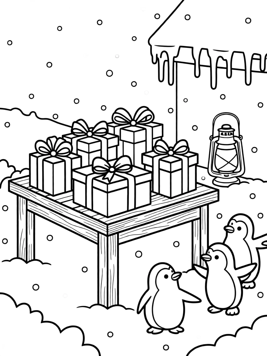 A table of wrapped gifts still waiting to be opened in a snowy front yard with icicles hanging from the roof, with a lantern glowing softly in the snow and a trio of playful penguins nearby.