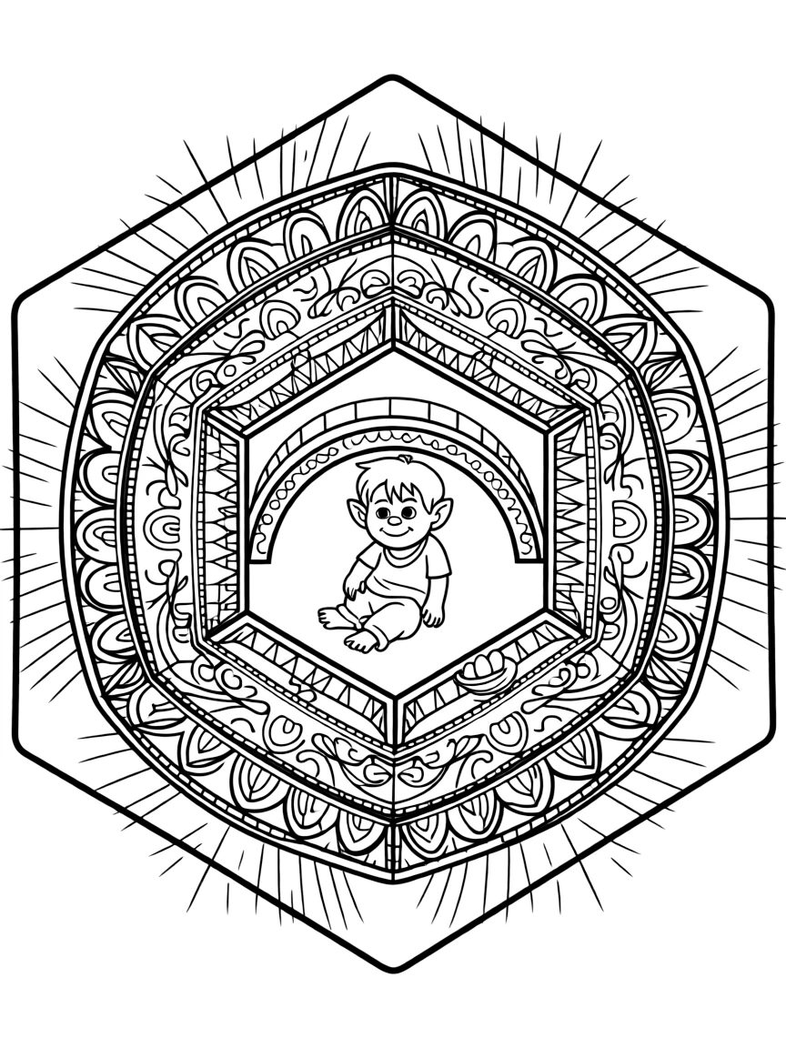 Mythical & Fantasy Creatures: The main subject is a kind-faced troll sitting beneath a bridge, drawn as the focal point of a hexagon-based mandala built from six matching wedges. It is positioned in the middle of the page so the design radiates outward evenly in every direction. Decorative details fill the surrounding space, including rows of scalloped fan shapes, bands of braided rope shapes, and rays fanning out like a small sunburst woven throughout the background. A playful extra touch completes the page: a tiny nest holding three small eggs tucked into the pattern.