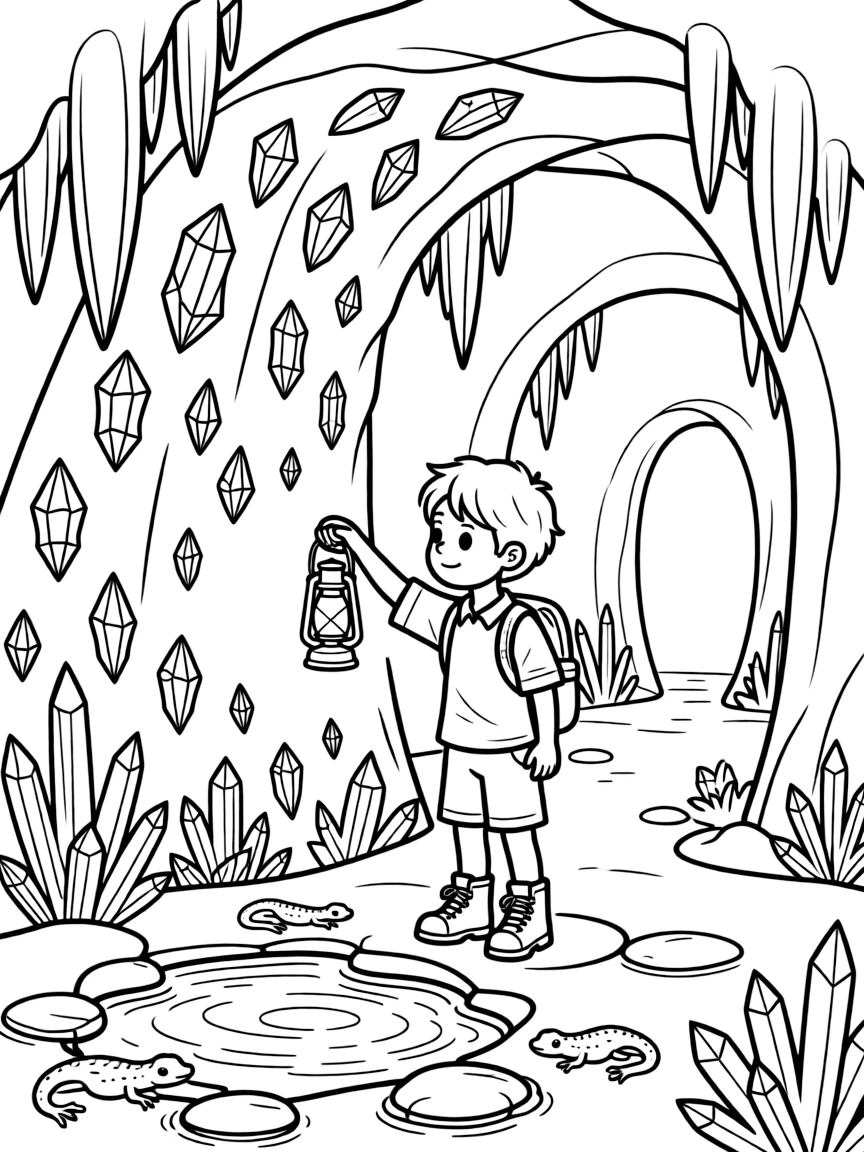 [Mystical Caves] A young explorer holds up a lantern, illuminating a cave wall covered in sparkling crystals. Salamanders rest on damp stones near a pool reflecting the glow of crystal light. Towering stalactites and stalagmites form natural archways throughout the glittering cavern. Quiet darkness surrounds the cave entrance, broken only by patches of glowing crystal.
